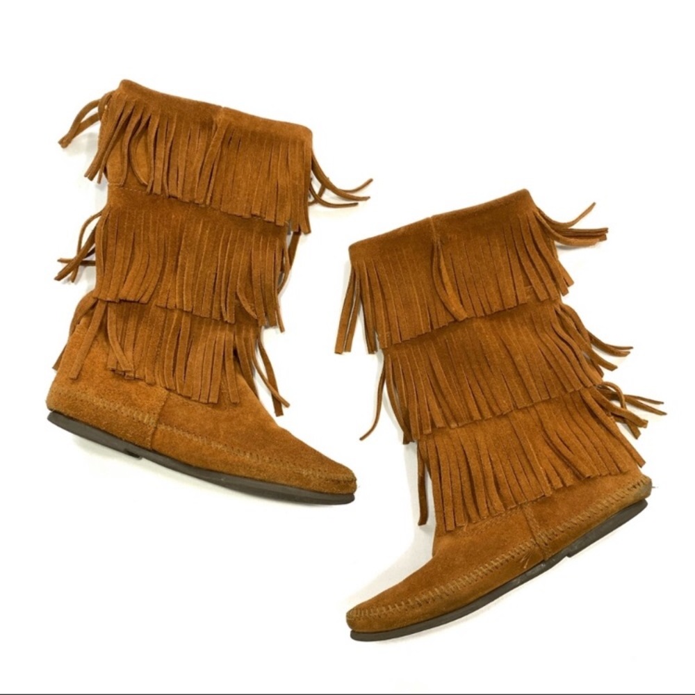Brown suede fringe Minnetonka three tier boots